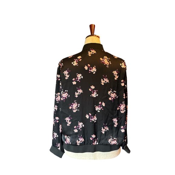 Ultra Flirt Satin Bomber Jacket Floral Black Pink Satin Zip Front Plus 1X - Picture 4 of 8